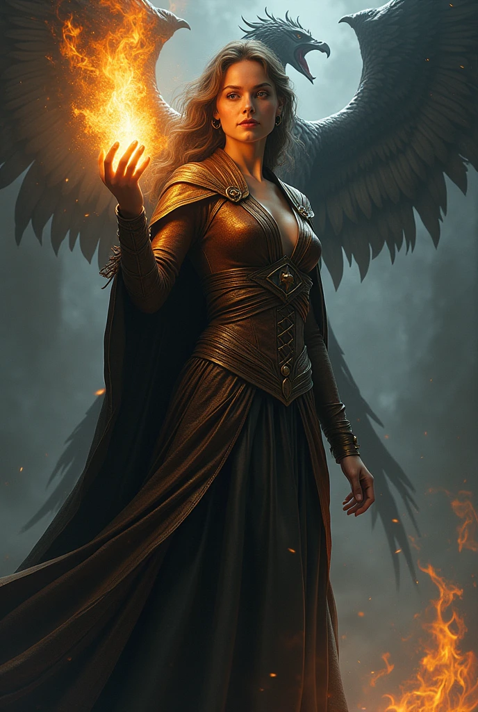 A Woman with a light in her hand and dark energy with phoenix behind him and has a cloak and dress made of leather