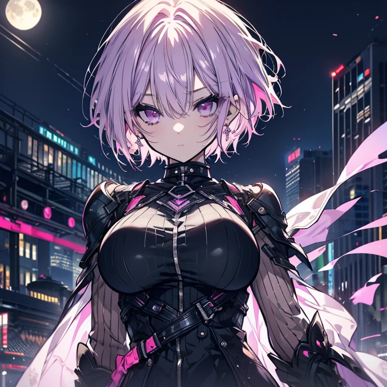 1 person、Mature、Ample breasts、Short Hair、short hair、Light purple hair、Outer Honeycomb Hair、Center Part、Pink Eyes、Slanted Eyes、Boyish、neutral、cool、Black costume、Armament、Moonlit Night、Earrings、Serious face、Downtown、Night view、High resolution、Highest quality、