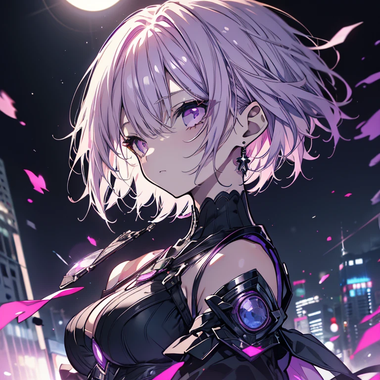 1 person、Mature、Ample breasts、Short Hair、short hair、Light purple hair、Outer Honeycomb Hair、Center Part、Pink Eyes、Slanted Eyes、Boyish、neutral、cool、Black costume、Armament、Moonlit Night、Earrings、Serious face、Downtown、Night view、High resolution、Highest quality、