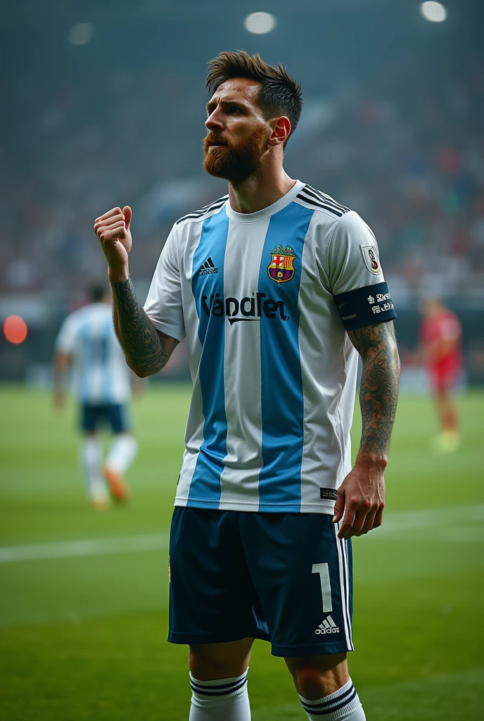 Messi showing shirt to real madrid