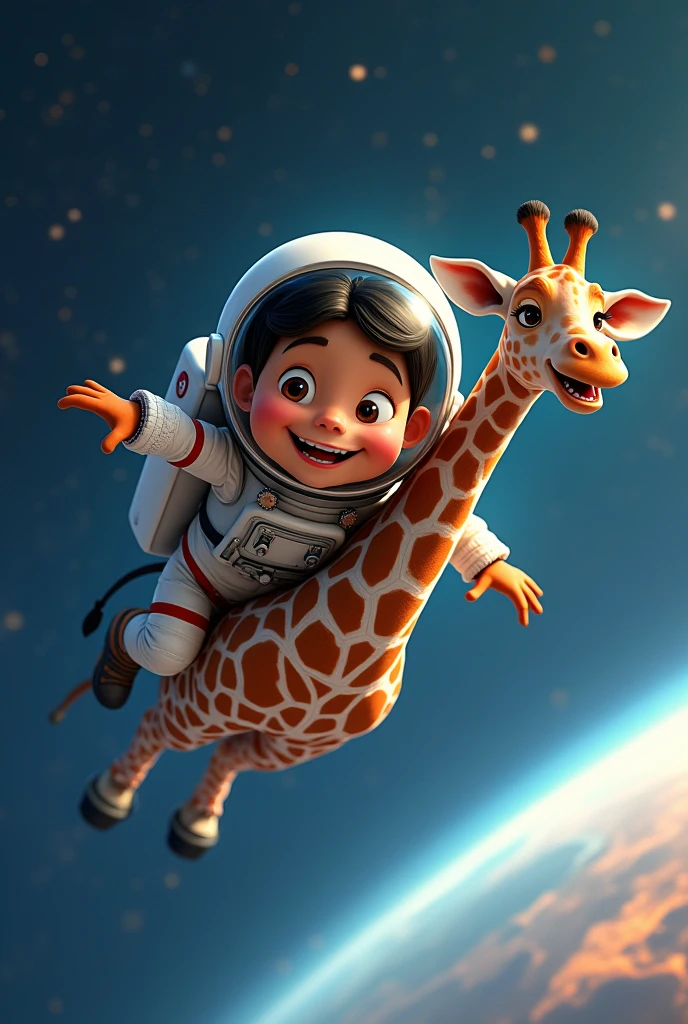 Latino boy flying in space with his giraffe dressed as astronauts, Pixar-style drawing