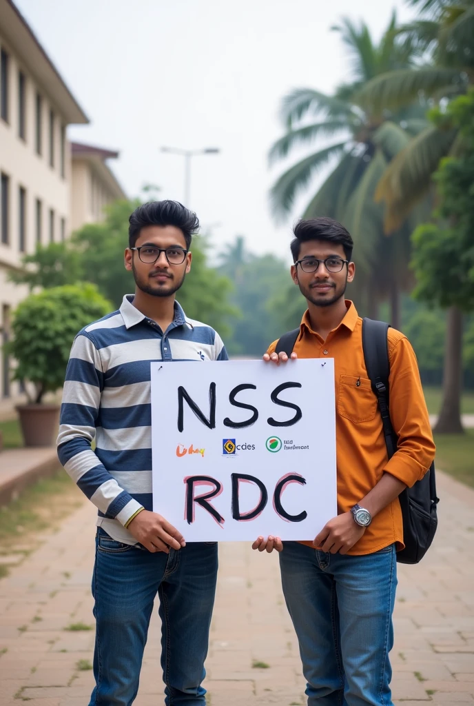 two indian students are standing outside their university with a banner written in capital letters  What is NSS RDC and how can you participate in this program??