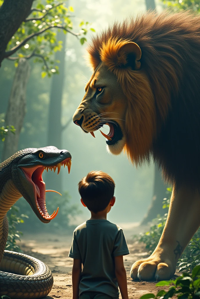 The boy is going to zoo the anaconda was lion was fighting in the zoo . The boy is looking there fighting like cinema
