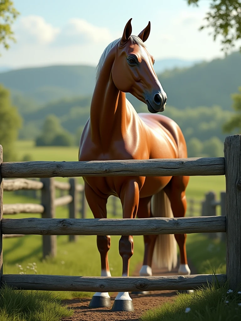 a three rail equstrian fence with a beautiful horse behind it.  photo realistic, 32k, ultra real