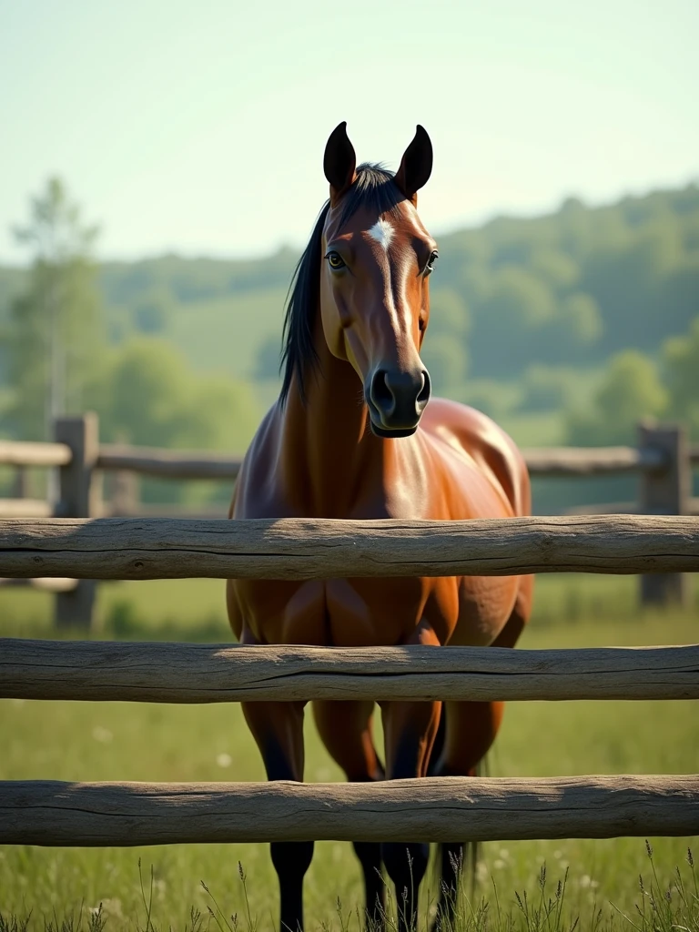 a three rail equstrian fence with a beautiful horse behind it.  photo realistic, 32k, ultra real