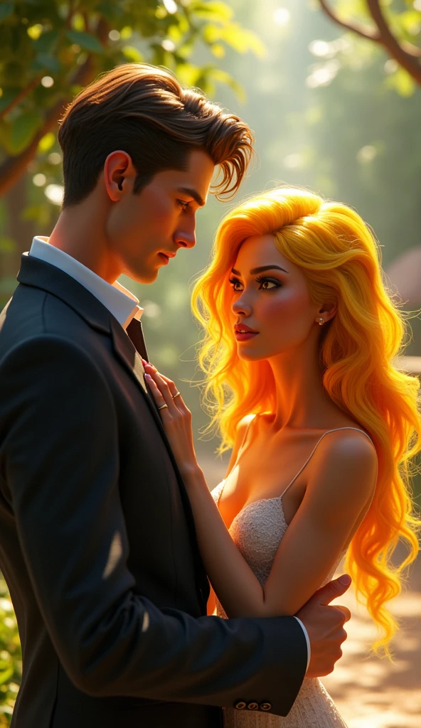 A handsome guy propose to an angry girl with yellow hair, pixar style, cinematic, masterpiece, high-aesthetic