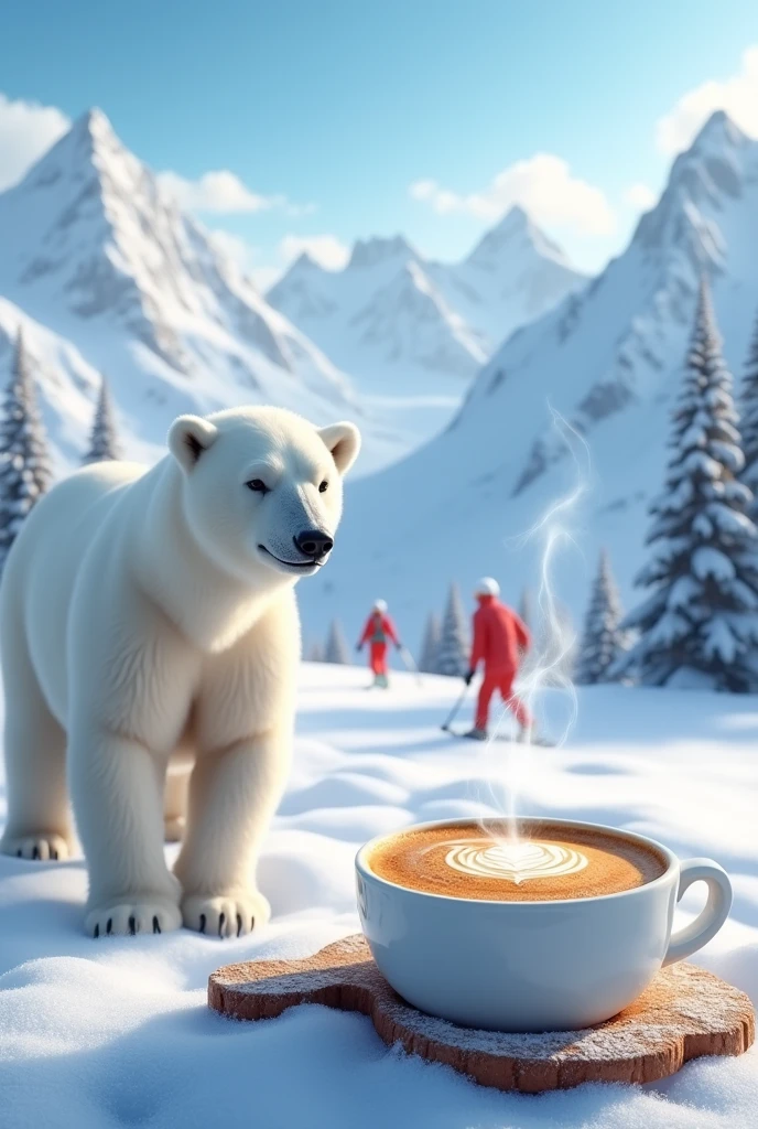 Coffee latte in front of snowy mountains polar bear skiers