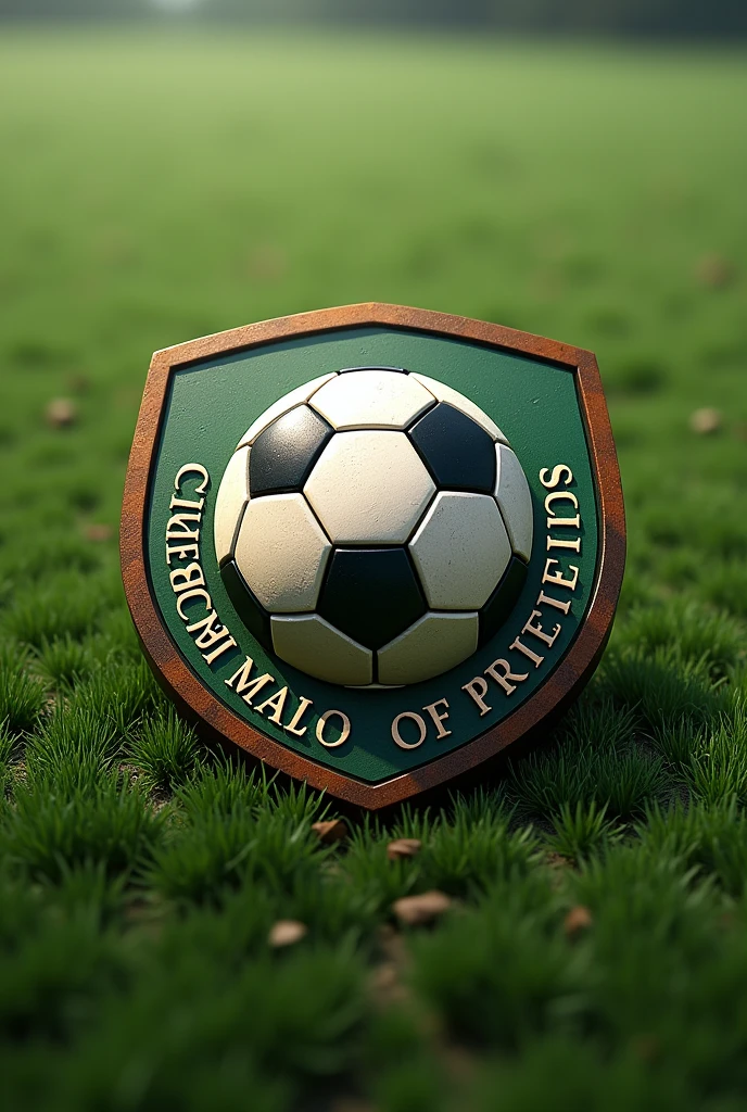 A shield that in the center is a soccer ball and that on the shield says green fields in Spanish