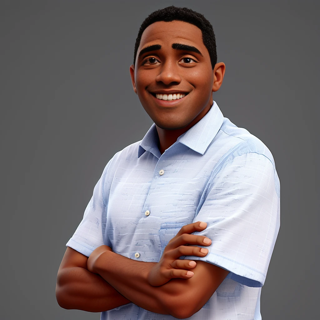black man, smiling, with arms crossed, white background
