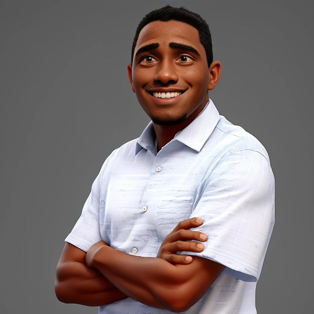 40-year-old light-skinned black man, military style haircut, smiling, of crossed arms, thin with some muscles and no beard