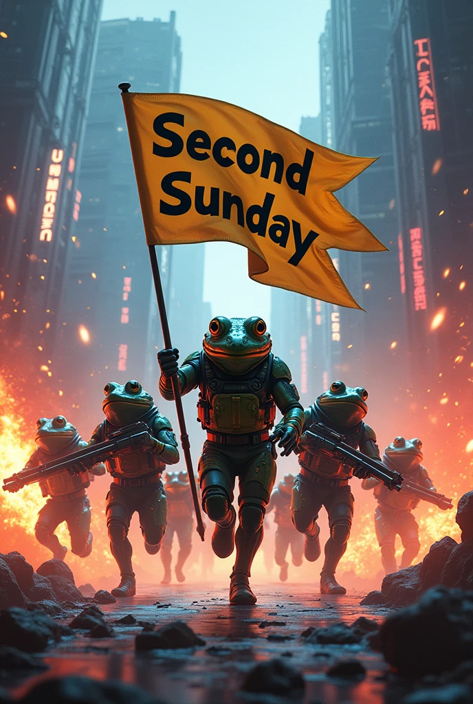 Landscape image, hd, Cyberpunk Ingress enlightened frog agents, explosion background, charging forward, holding landscape flag that says SECOND SUNDAY