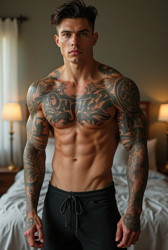 A young man AI high quality muscular strong tattoo “ruy” and other tattoo fair skin light pink mouth with realistic bedroom background 