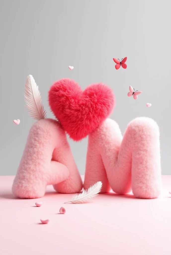 A 3d render of two pink fluffy alphabets "A" and "M" with space between them, a red fluffy heart between them, with a white feather and butterfly, The background is a light gray.