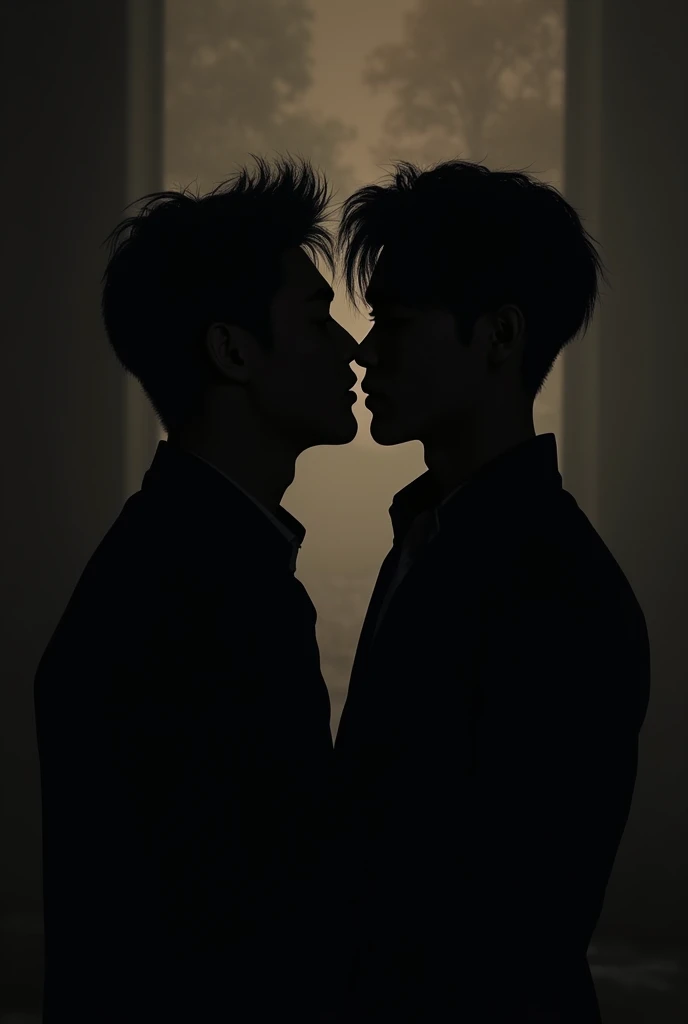 Peux tu faire deux hommes en train de se regarder romantiquement de vue de dos dans le noir ou on voit juste les silouhettes. Je veux qu’on voit que leurs ombre . Je veut qu’on voit que leurs silhouette. Je veux pas qu’on voit leurs visage. Une image ou que les visage sont vu pas le corp. Plus rapprocher leurs visgae. Deux hommes apparence coreen