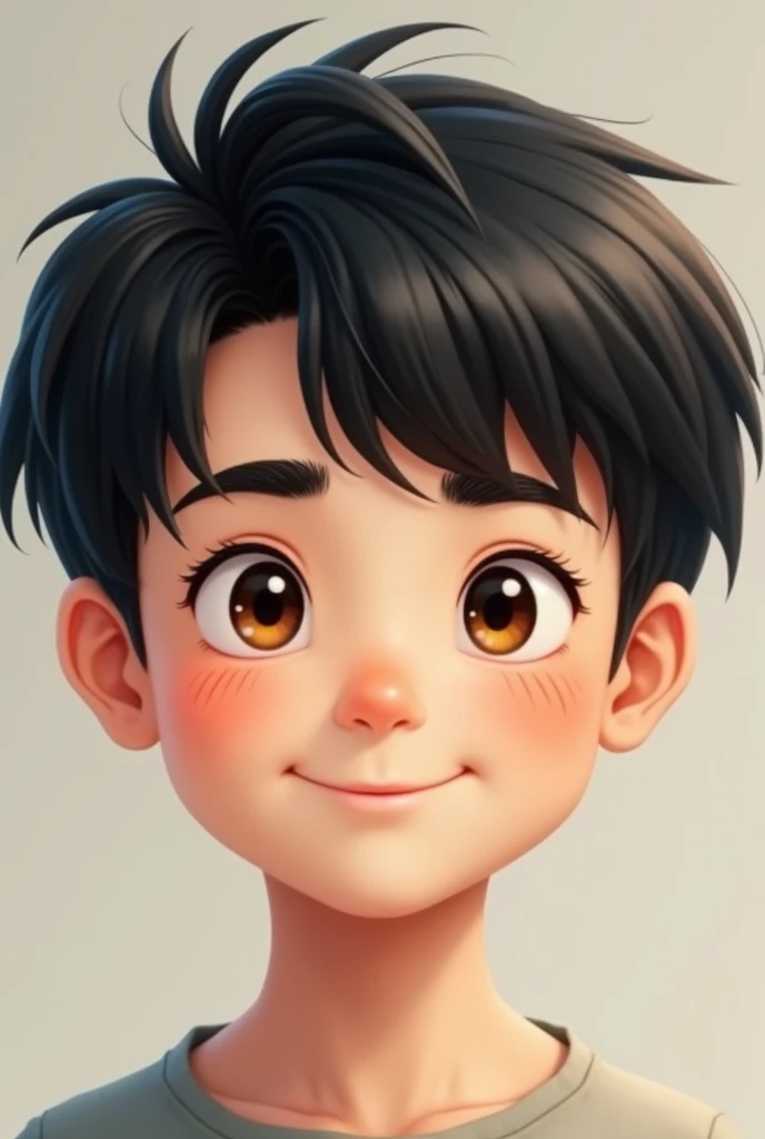 His hair is black, medium growth. The eyebrow is thick black. His face is white. The eyes are medium dark brown with a light brown rim. Average nose. Lip is average. Positive looking 1 boy
