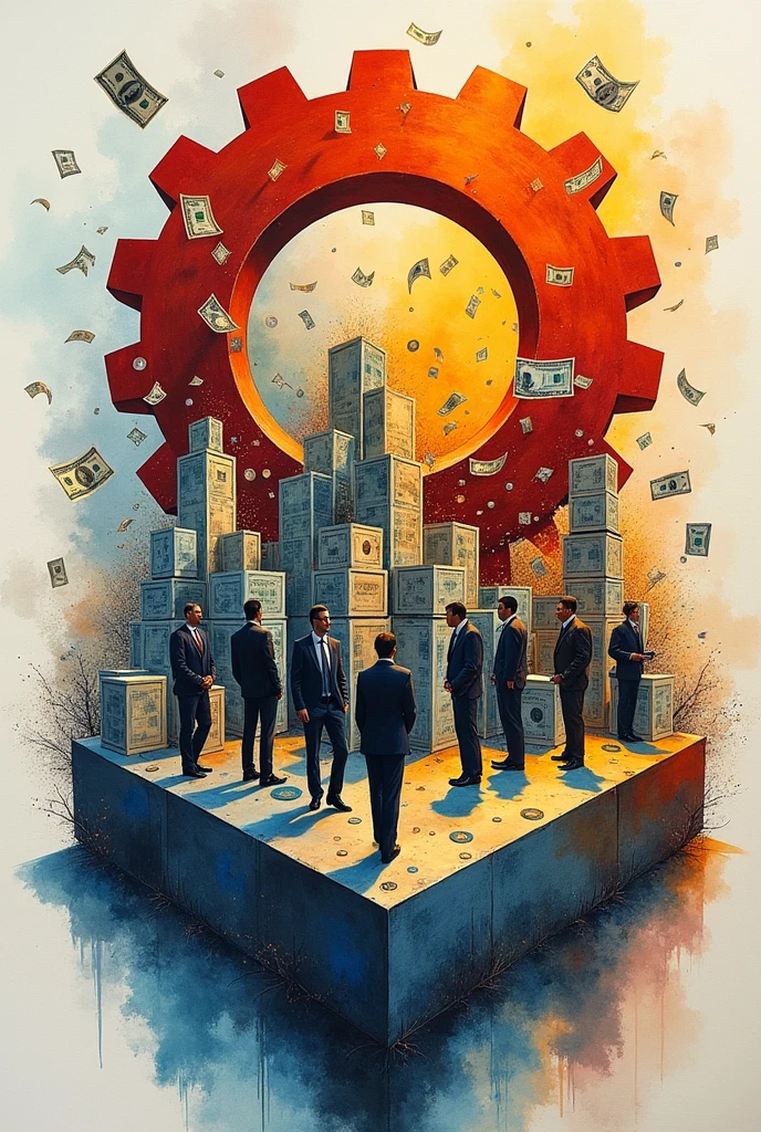 Create a large, circular gear in the middle, towards the top of the image, and a three-dimensional rectangle. Currency has graph lines. There are many images of businessmen. Using watercolor and mixed media Use bright colors The light source is in the upper right corner.