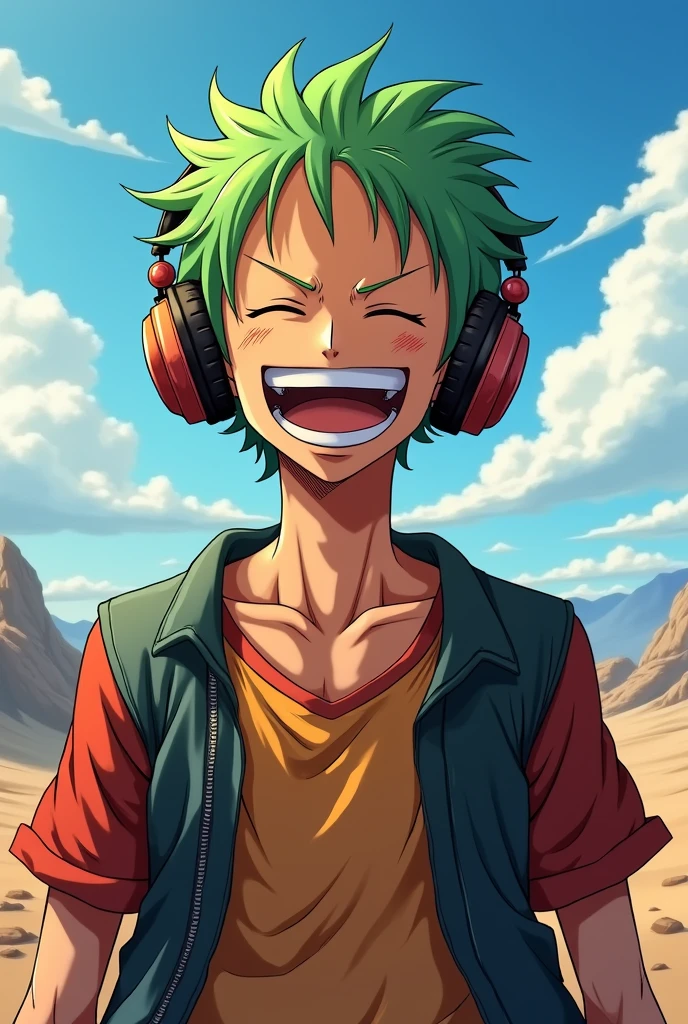 Zoro wearing headphones from front side looking happy wide background more older
Wide background same picture with more wide background