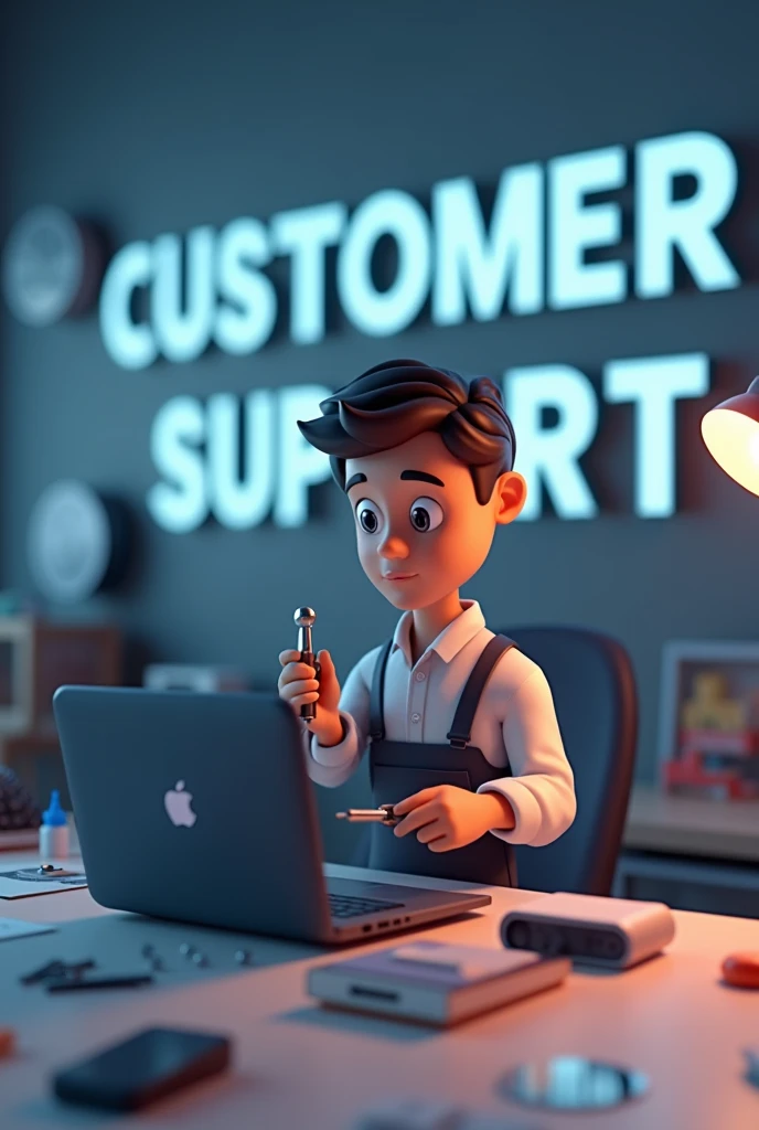 3D Animation Good Technical Room with big text "Customer Support" in the wall
With a technichian in front of the laptop and beside many part hold the screw driver for repair broken mini printer