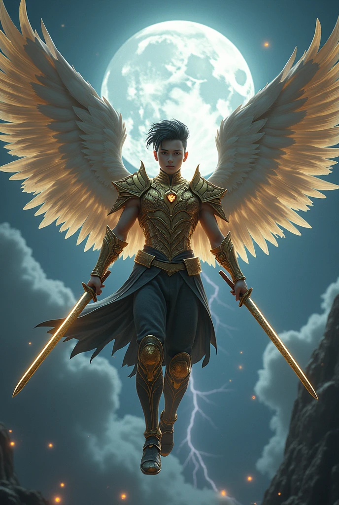 A Handsome Boy  Wear a Golden Armor Sixpack,have 6 Wings,Comma Hair Hairstyle,Black gradient Grey Hair,Carrying 2 swords on the right is Scimitar and the Left is Katana,Flying at The sky,Illuminated by the moonlight at night,With some Lightning Flashes behind him 