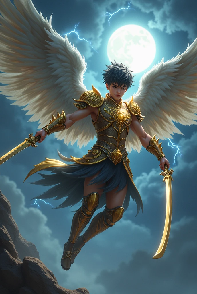 A Handsome Boy  Wear a Golden Armor Sixpack,have 6 Wings,Comma Hair Hairstyle,Black gradient Grey Hair,Carrying 2 swords on the right is Scimitar and the Left is Katana,Flying at The sky,Illuminated by the moonlight at night,With some Lightning Flashes behind him 