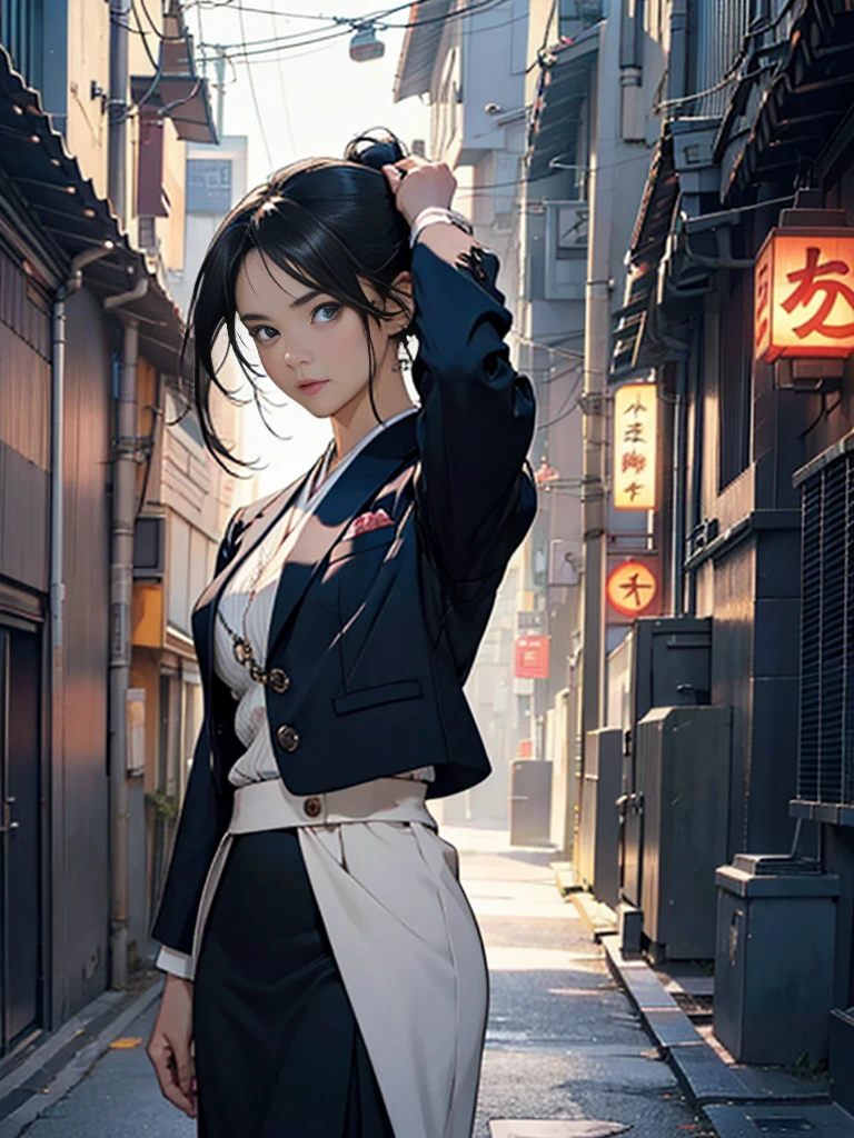 One adult woman with narrow eyes,career woman,Office Lady,pants suit,Jacket,ribbon,Tight skirt,pumps,lawyer,cool,gauze, Chanel,Forehead,Anatomically correct, accurate, masterpiece, Highest quality, Winner of numerous awards, Textured skin, retina, retina, Black Hair, Half-up hairstyle, solemn, Column Lineup,Cinematic light effects, Anime Style, Japanese illustration style, Half-up hairstyle, Very adult