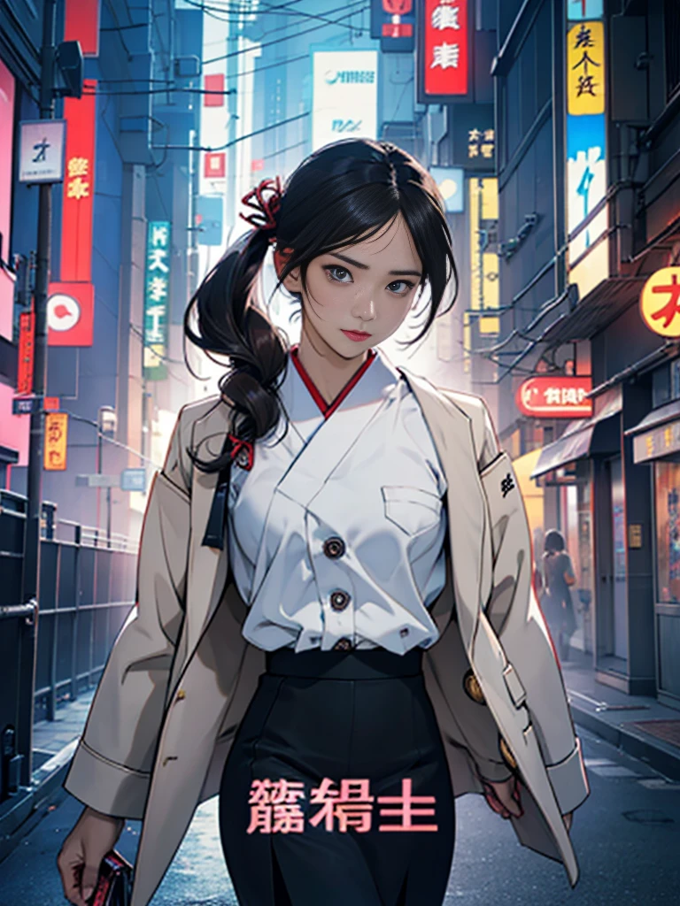 One adult woman with narrow eyes,career woman,Office Lady,pants suit,Jacket,ribbon,Tight skirt,pumps,lawyer,cool,gauze, Chanel,Forehead,Anatomically correct, accurate, masterpiece, Highest quality, Winner of numerous awards, Textured skin, retina, retina, Black Hair, Half-up hairstyle, solemn, Column Lineup,Cinematic light effects, Anime Style, Japanese illustration style, Half-up hairstyle, Very adult