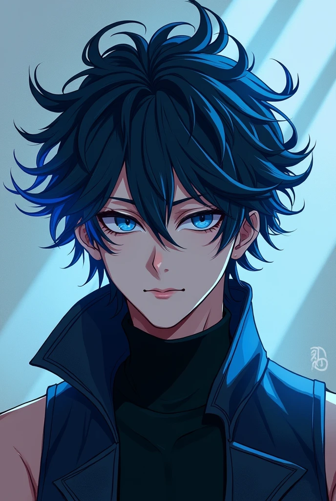 hot demon blue and black SLIGHTLY messy but fluffy hair short guy handsome tall turtle neck shirt no sleeves at all  interesting pose MAN GUY MALE 