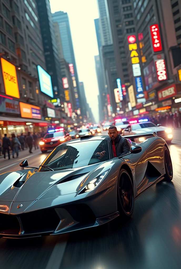 Will Smith driving a sleek, high-speed getaway vehicle through crowded city streets, with police sirens in the background."