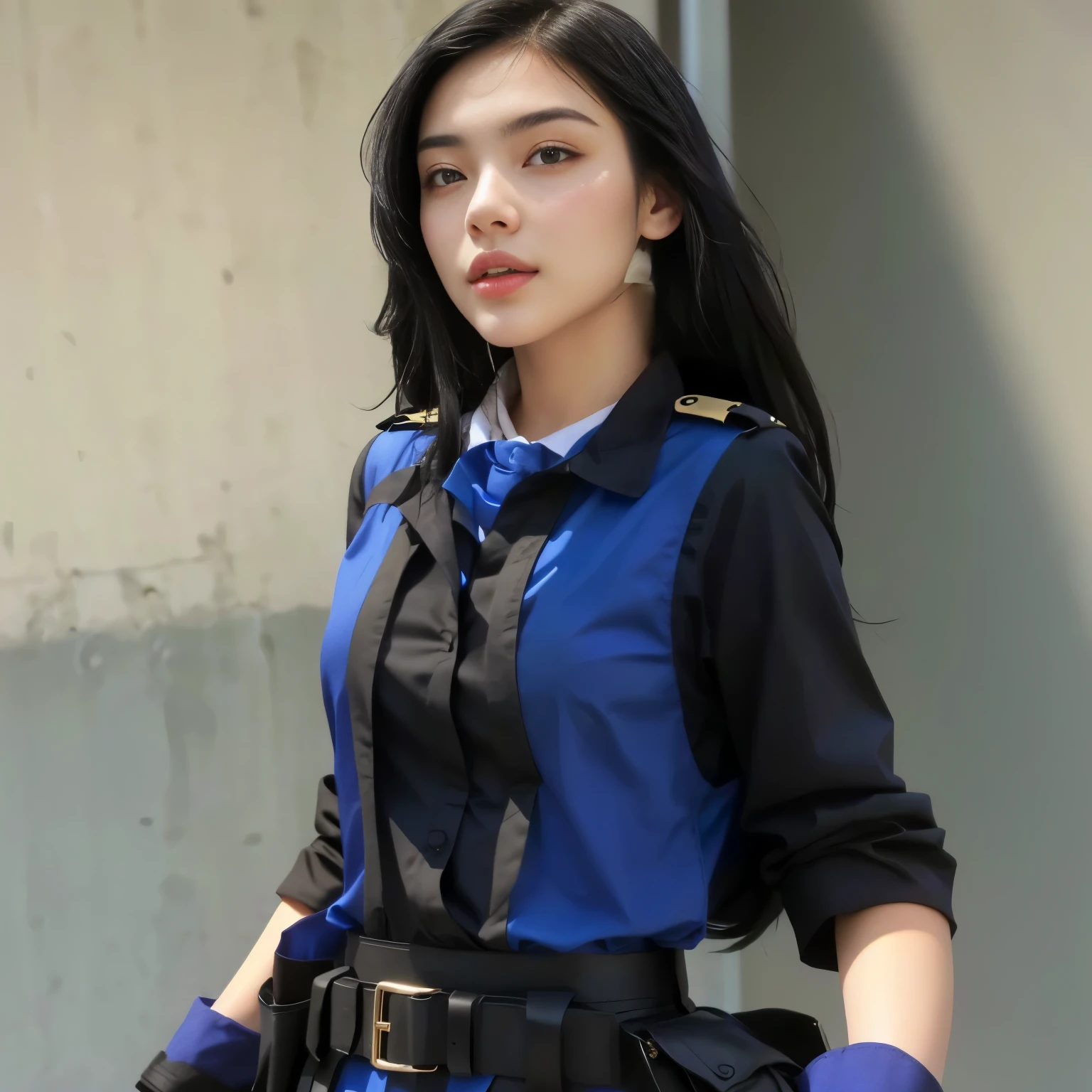 European girl, black hair, perfect face, 2, sexy, blue military outfit, blue clothes.