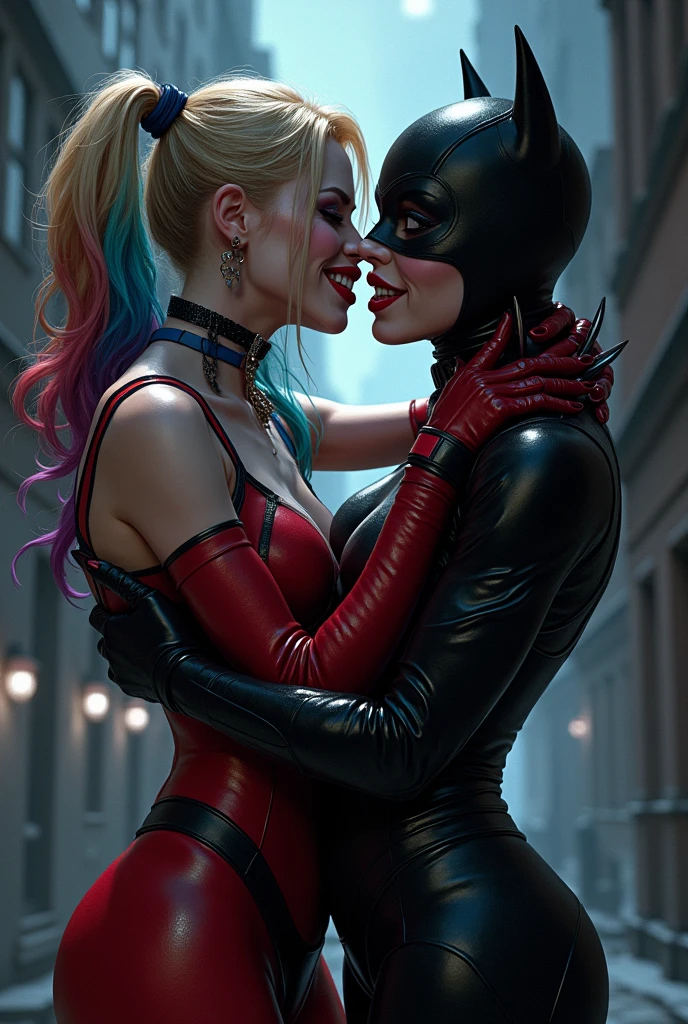 Harley Quinn kissing Catwoman 