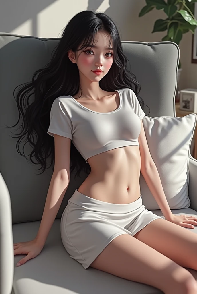 asian, young, girl, long black hair, white miniskirt, sit, sofa, living room, realitics, high quality, real people