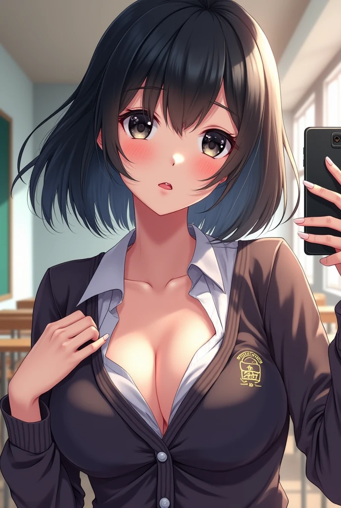 (super fine illustration,8K CG wallpaper,best quality,extremely detailed,ultra high res,best aesthetic),(cowboy shot,chest focus),(1 girl,teenage,beautiful girl,cute girl),(detailed beautiful face,beautiful black eyes,beautiful black hair,bob cut),(blush),(medium breast,perfectly shaped areola),(school uniform),((expose breast,breast out)),(selfie),(classroom)