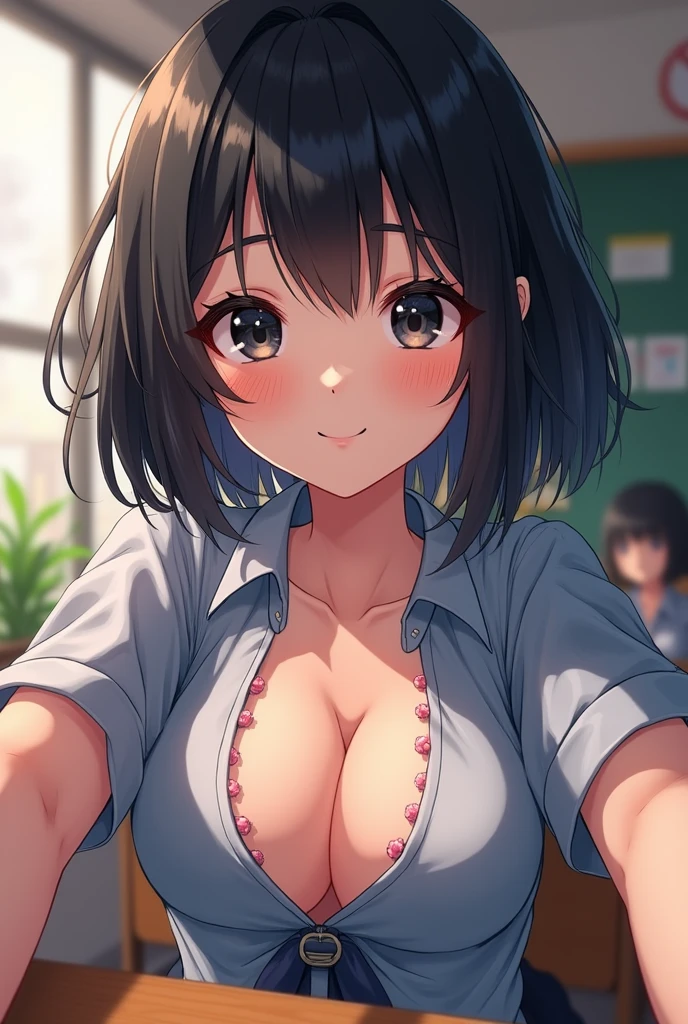 (super fine illustration,8K CG wallpaper,best quality,extremely detailed,ultra high res,best aesthetic),(cowboy shot,chest focus),(1 girl,age,beautiful girl,cute girl),(detailed beautiful face,beautiful black eyes,beautiful black hair,bob cut),(blush),(medium breast,perfectly shaped areola),(school uniform),((expose breast,breast out)),(selfie),(classroom)
