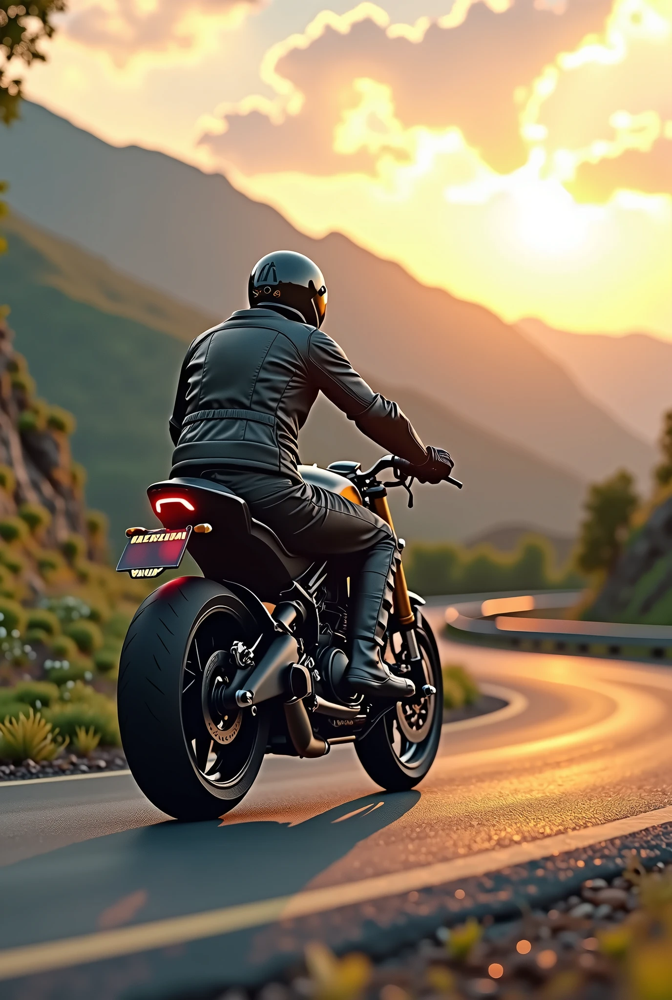 A biker with full protection gear, crusing on a hilly highway, dawn time sun through clouds, spring season 