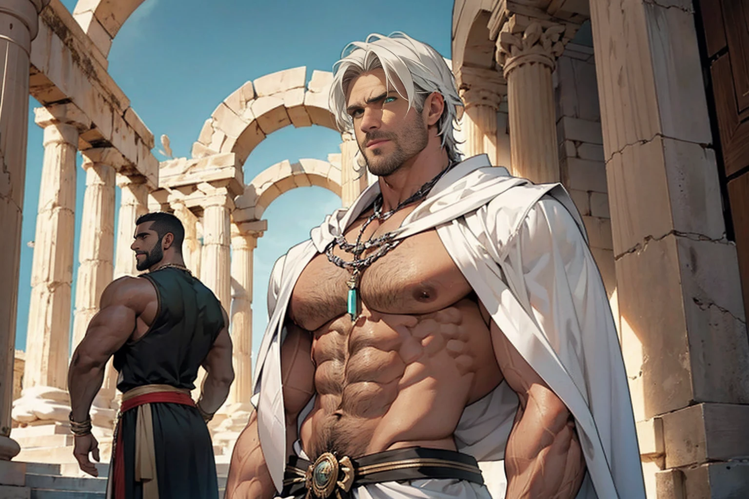 Male Titan, dark skinned muscular body, hairy chest, white hair, green eyes, Greek cloak clothing, naked, visible member, amazing lighting, greek temple.