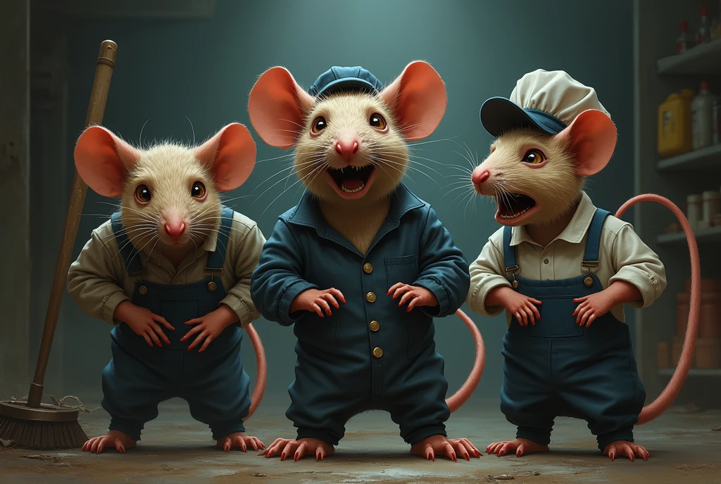 Several rats trapped working on a work routine, with a street sweeper's outfit, another in a mechanic's outfit and another in a waiter's outfit, sobbing