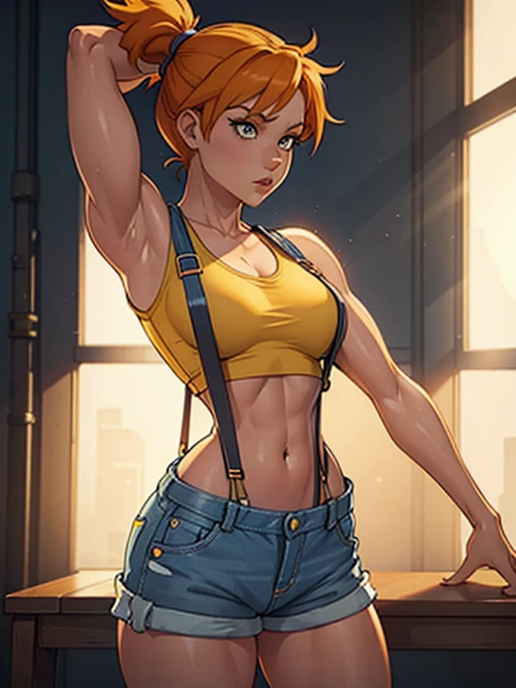 Misty_Pokemon, yellow crop top, suspenders, side ponytail, orange hair, denim shorts, stretching pose, from the side picture, cinematic light, hot posture, perfect body