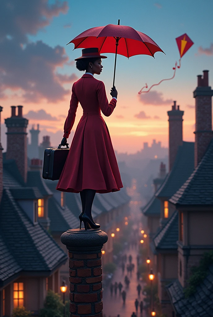Mary popping, Chimneys, 🪁, musical, magic, black woman, suitcase, umbrella, evening, chimney sweeps, without the balloons