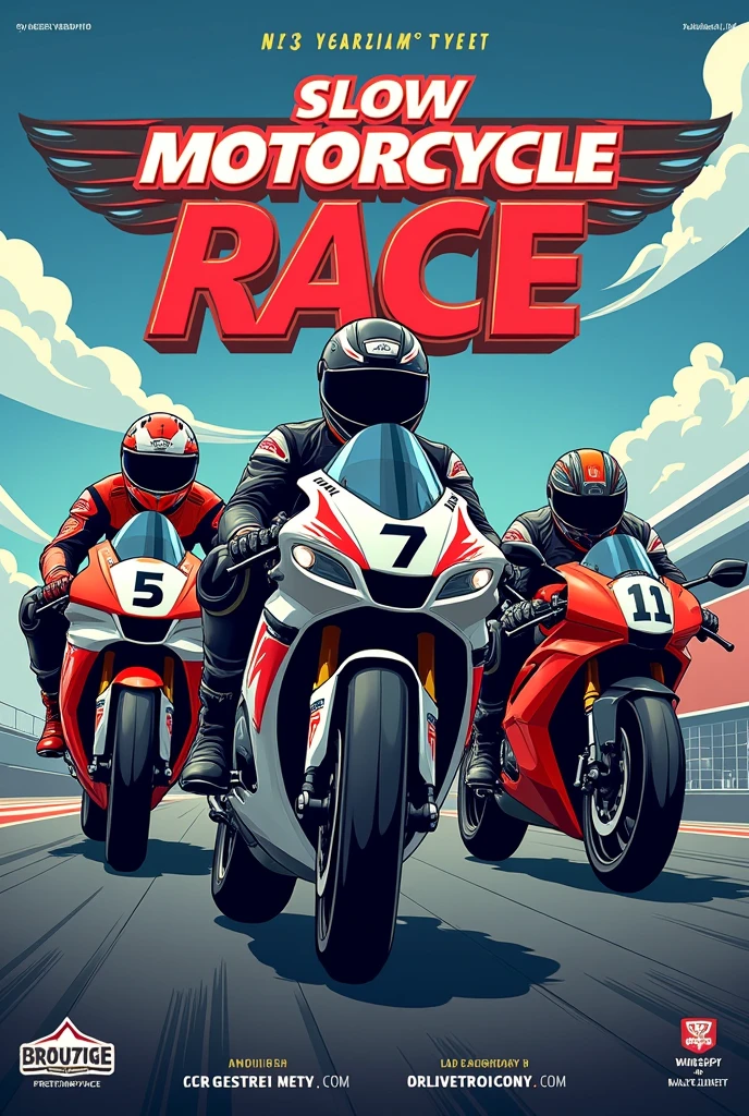 Create a slow motorcycle race poster. Everyone should have different sports bikes and everyone should look different.
It should look like they are riding slowly in a ground where we have created lanes for each of them