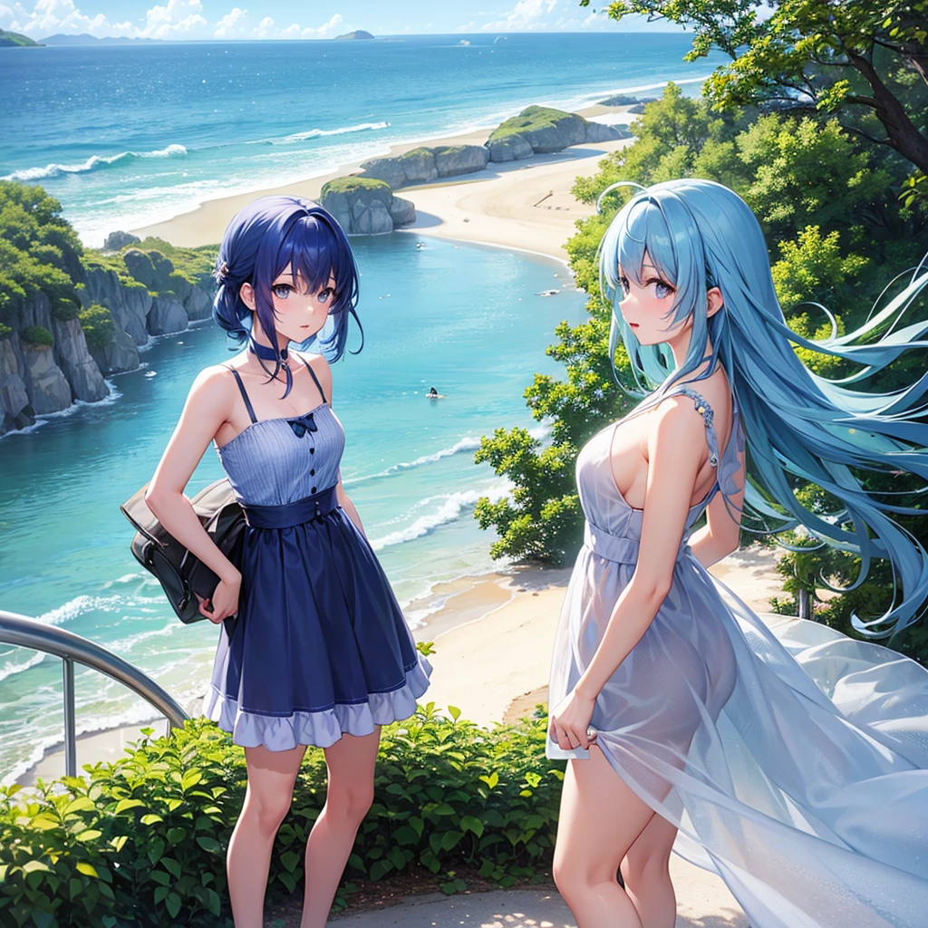 A cute, singer-like, 20-year-old, blue-haired idol-type character is facing away from the view of the midsummer sea.