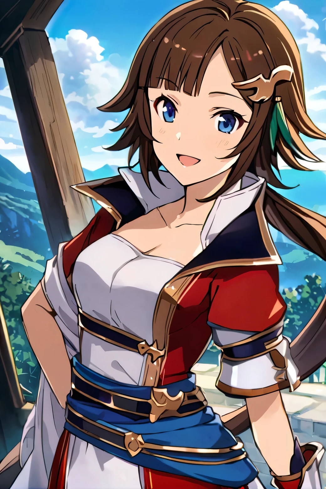 1girl, solo, leona \(granblue fantasy\), cowboy shot, looking at viewer, smile, open mouth, beautiful detailed background, landscape, sirld, blue sky, white cloud, anime screencap, masterpiece, best quality,