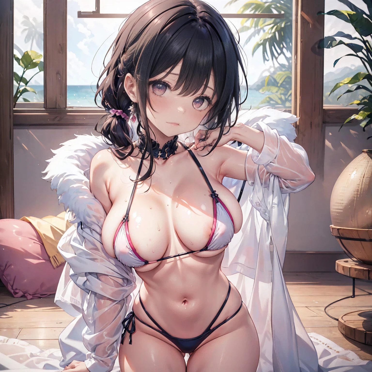 Anime Waifu beautiful detailed eyes, beautiful detailed lips, extremely detailed eyes and face, longeyelashes, 1girl, sensuous, young woman, medium breasts, beautiful feminine face, nice thighs, slim, sexly, erotic, beautiful clothes, perfect body, cinematic lighting and framing, (best quality,4K,8k,highres,masterpiece:1.2),ultra-detailed,digital painting,portrait,glamorous,highly detailed,soft lighting,warm color tones High quality illustrations。She is an adult woman with a mysterious and charming aura..。with sharp eyeliner。Her skin is tanned、she has black hair。She has pink highlights in her hair。Her hairstyle is a vertical ponytail on both sides.。without hat。pink eyes。the outfit is a golden bikini with a triangular cut..。breasts big。The areola is clearly visible。She has a good style、glad, face red。the love sign is displayed。Sleep on your back。she is out of breath and sweating.。she is removing the chest strap with one hand.。The location is the beach sand。The bikini strap on your chest is slipping.。She is accepting the touch of her body by a man..。A man standing in front is placing mushrooms。(Create another man on the screen)