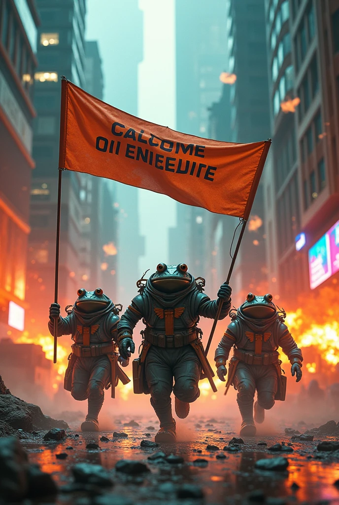 Landscape image, hd, Cyberpunk Ingress enlightened frog agents, explosion background, charging forward, holding long landscape banner that says SECOND SUNDAY