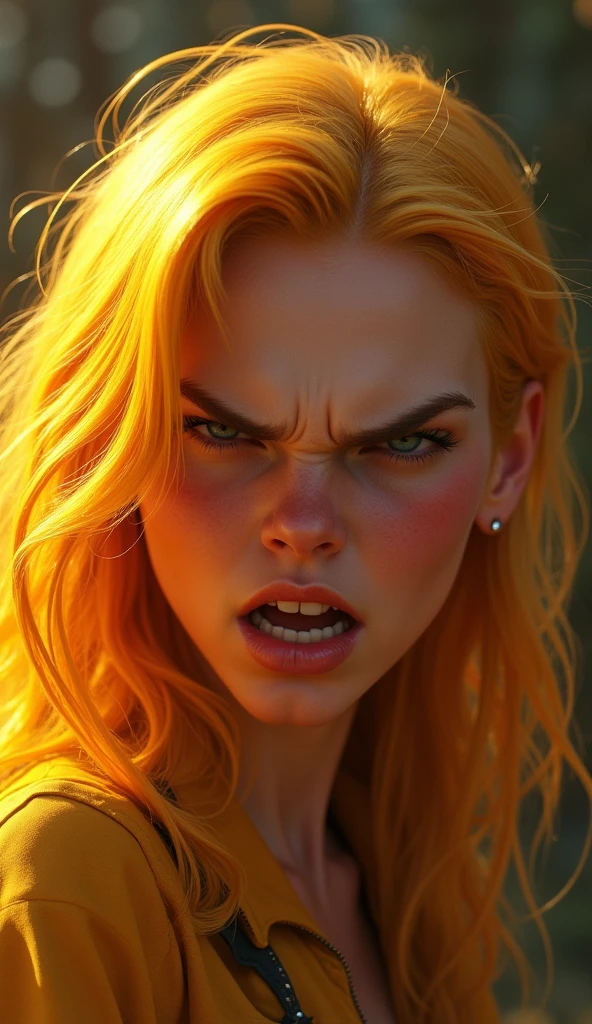 an angry girl with yellow hair, pixar style, cinematic, masterpiece, high-aesthetic
