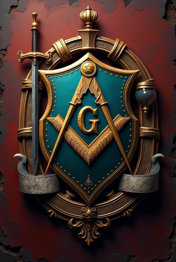 Create a coat of arms with the symbol of Freemasonry, sword and hourglass