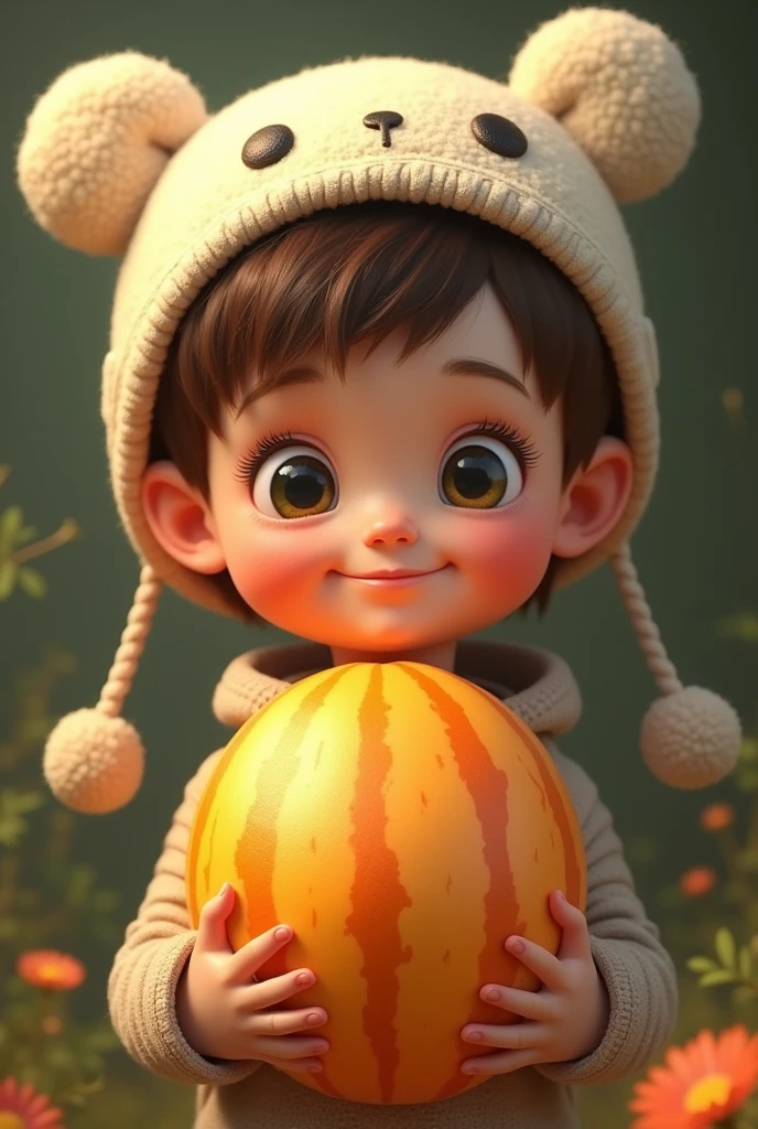 Chibi a little asian boy with a flower in her hair, pixar splash art, ((white skin)), artist used beautiful bright brown eyes, asian boy, mobile game resource, her skin is light, with soft pink colors, rendered in v-ray, lizzo, disney style, chibi proportions, by Ben Enwonwu, behance art
