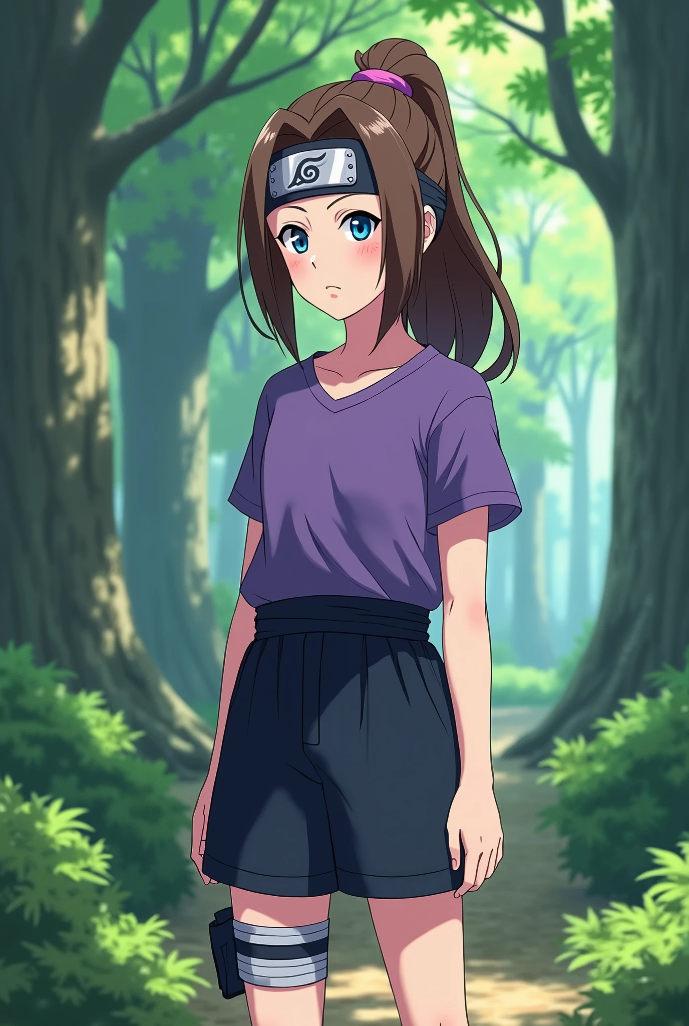 capture d&#39;écran, Style d&#39;anime Naruto, une fille femme de 12ANS , peau teint clair légèrement pâle, Taille moyenne, Poitrine moyenne yeux bleus(style anime Naruto), cheveux BRAIN, Long, QUEUE DE CHEVAL,SANS REPOUSSES,REGULIER, barrette en bois pour cheveux, vêtements de ninja SANADA, pantalon court Noir foncé et T-shirt  VIOLET , avec un bandeau de ninja, dans une foret Info (style fille anime Naruto)

