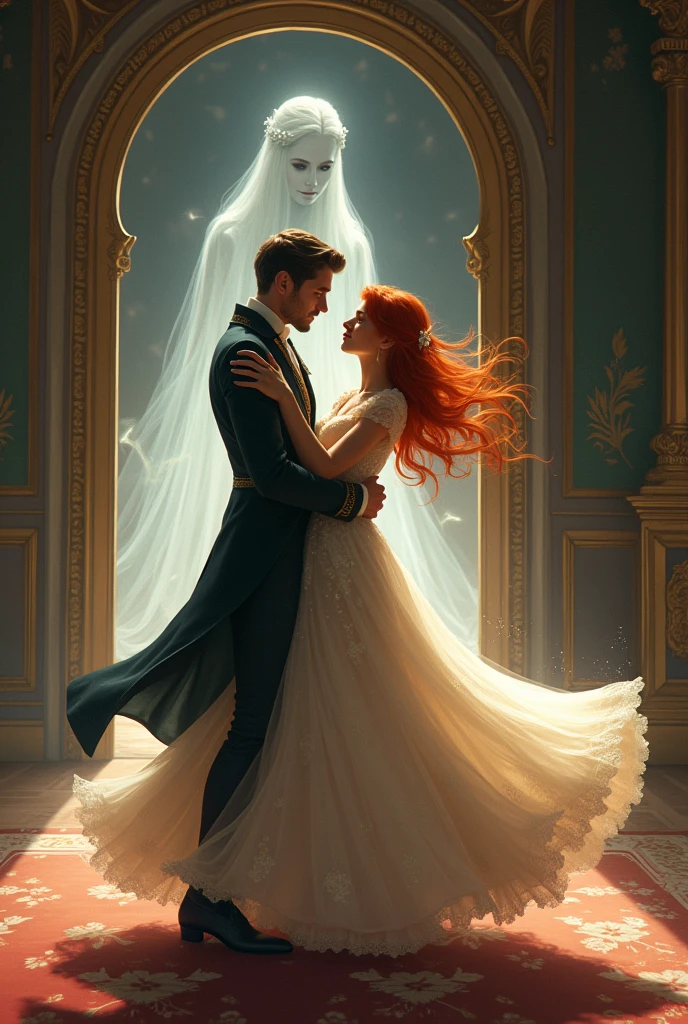 A red-haired and masked princess dances at the ball with a dark-haired and handsome prince in a beautiful princess dress, The prince has a lordly outfit and it is priceless.. The princess is very beautiful, the prince has no beard and has short hair and meanwhile another ghost princess was watching them from the other door WITH TEARS AND THAT PRINCESS IS A GHOST IN FACT and our dancing redhead noticed her and was looking at her. THE GHOST PRINCESS WAS WATCHING THEM DANCE FROM BEHIND AND THE RED-HAIRED PRINCESS SAW THIS