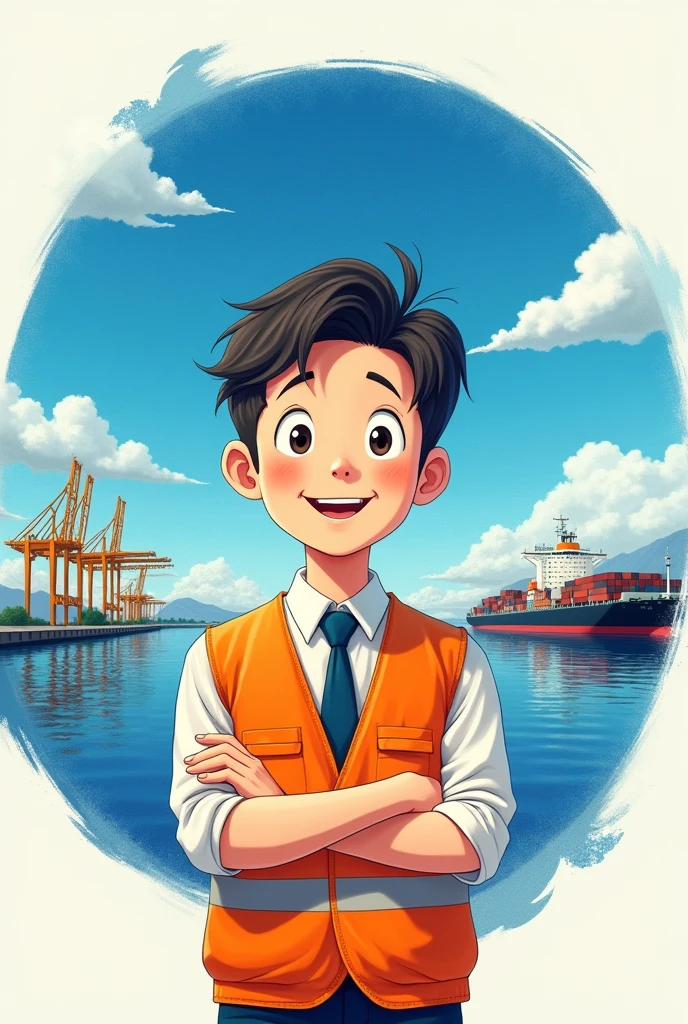 Hello, I want a picture of a cute international businessman, young, Happy and smiling,with big eyes and short hair, Studio Ghibli themed. In the background there is a blue circular watercolor with clouds, the port in the background and a text above that says International business. More lively and with an orange safety vest