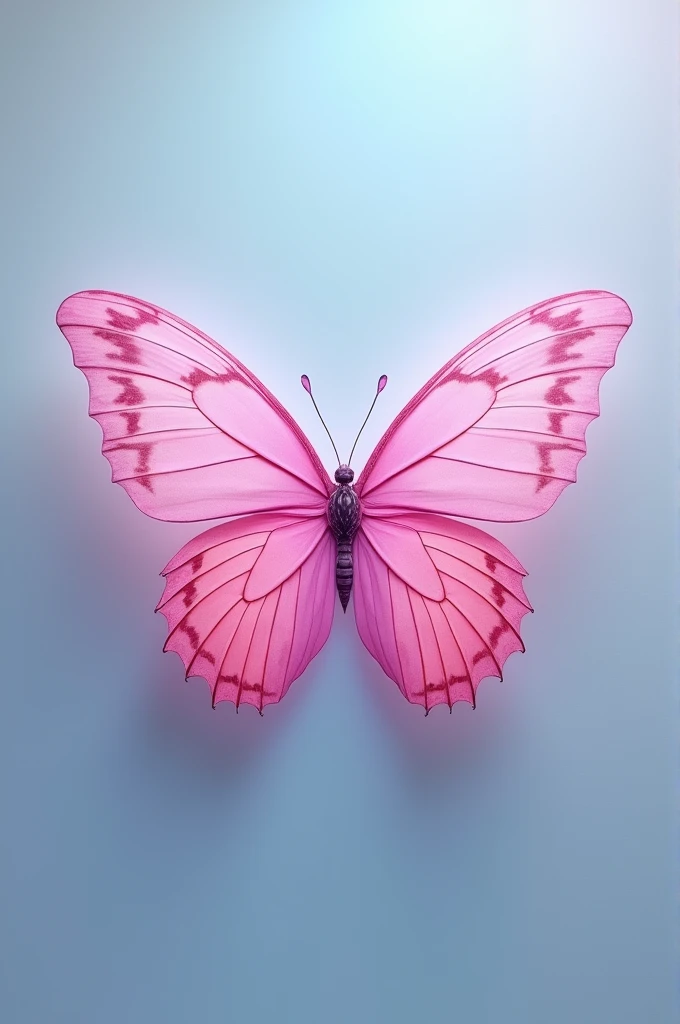 A light blue background. A large pink butterfly with wings spread in the center and very symmetrical